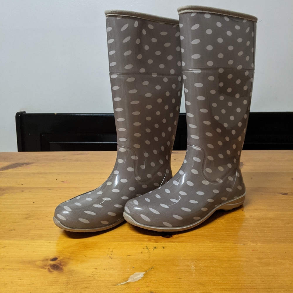 Women’s Taupe Polka Dot Waterproof Rain Boots